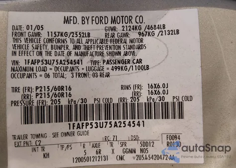 2005 Ford Taurus Se z USA, uszkodzony, nr VIN 1FAFP53U75A254541